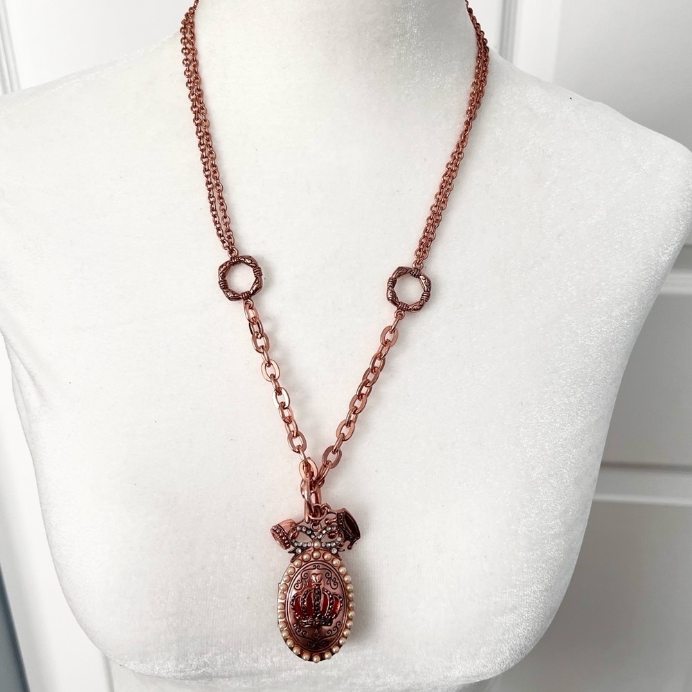 Rose gold tone long locket chain crown charm rhinestone faux pearl necklace